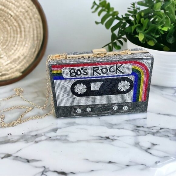 Women's NWOT Retro Radio Shape Crossbody Shoulder Chain Bag Rhinestone Metal - Picture 2 of 14